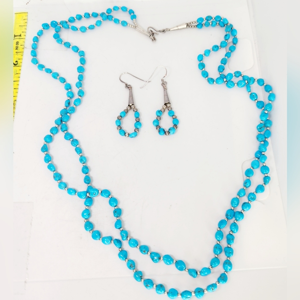 Sleeping Beauty Turquoise 925 Sterling Silver Nugget Bead Necklace & Earring Set - Picture 2 of 13